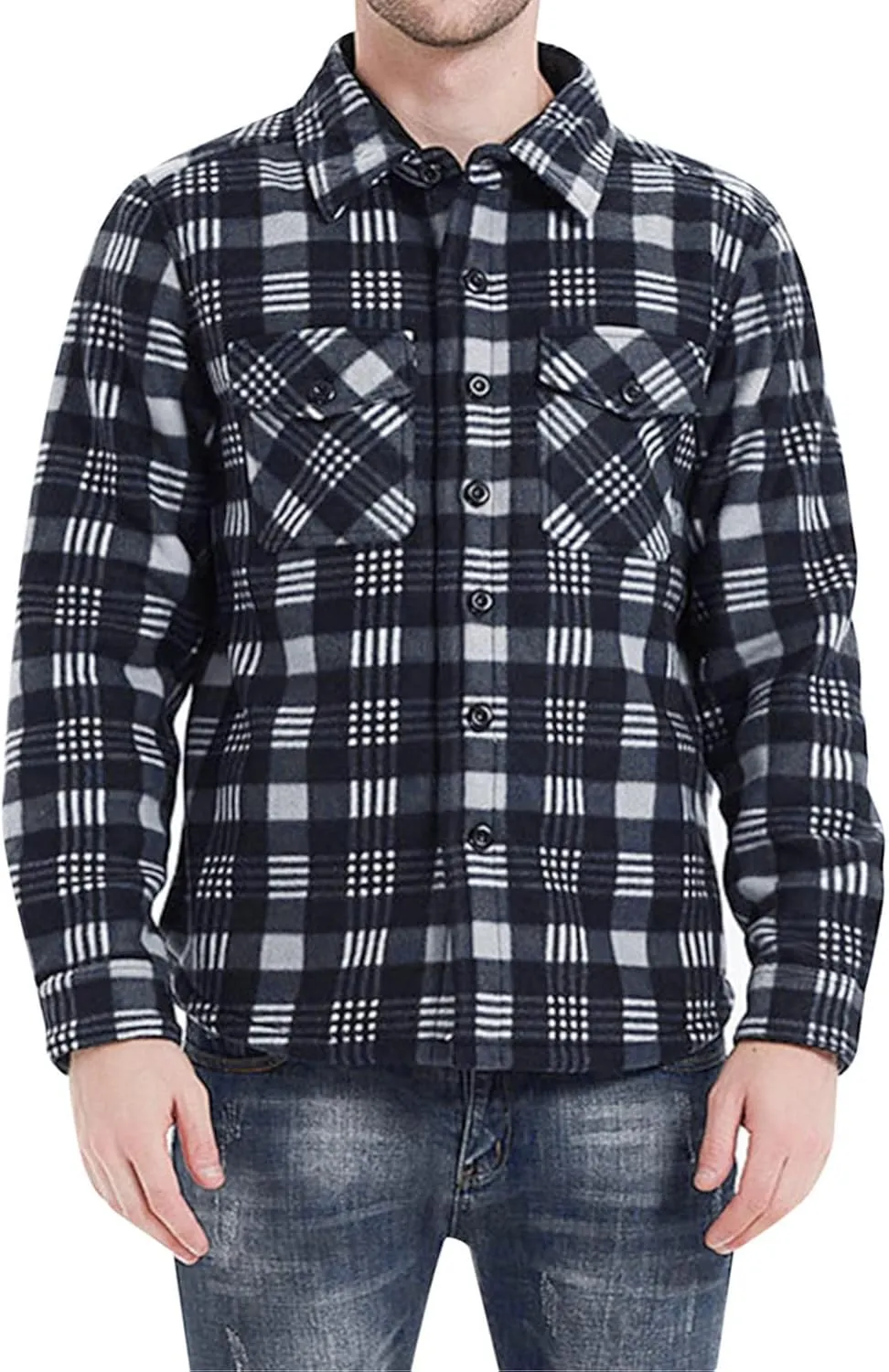 LCMTWX Men's Flannel Jackets Large Plaid Lapel Pocket Plus Velvet Coat Shirt Top Coat with Zipper with Hood for