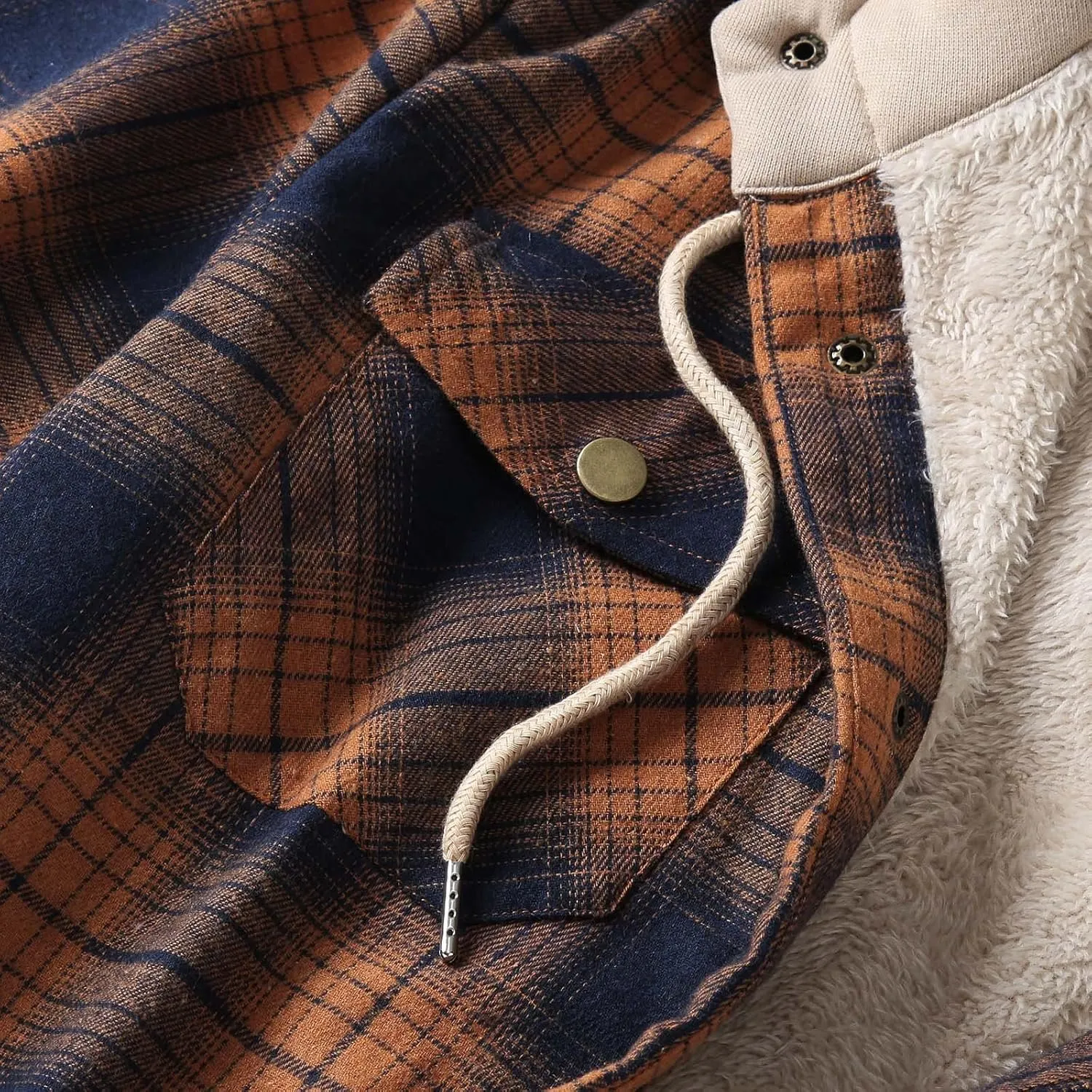 LCMTWX Men's Hooded Shirt Jacket Plaid Pocket Hooded Loose Coat Plus Velvet Shirt Top Casual Long Sleeve Lined Hooded Plaid