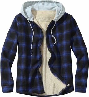 LCMTWX Men's Flannel Jackets Large Plaid Lapel Pocket Plus Velvet Coat Shirt Top Coat with Zipper with Hood for