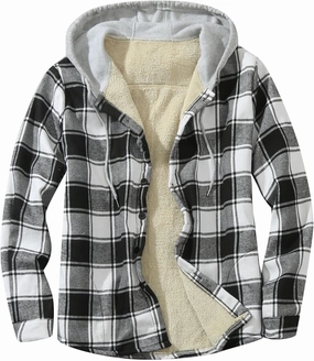 LCMTWX Men's Flannel Jackets Large Plaid Lapel Pocket Plus Velvet Coat Shirt Top Coat with Zipper with Hood for