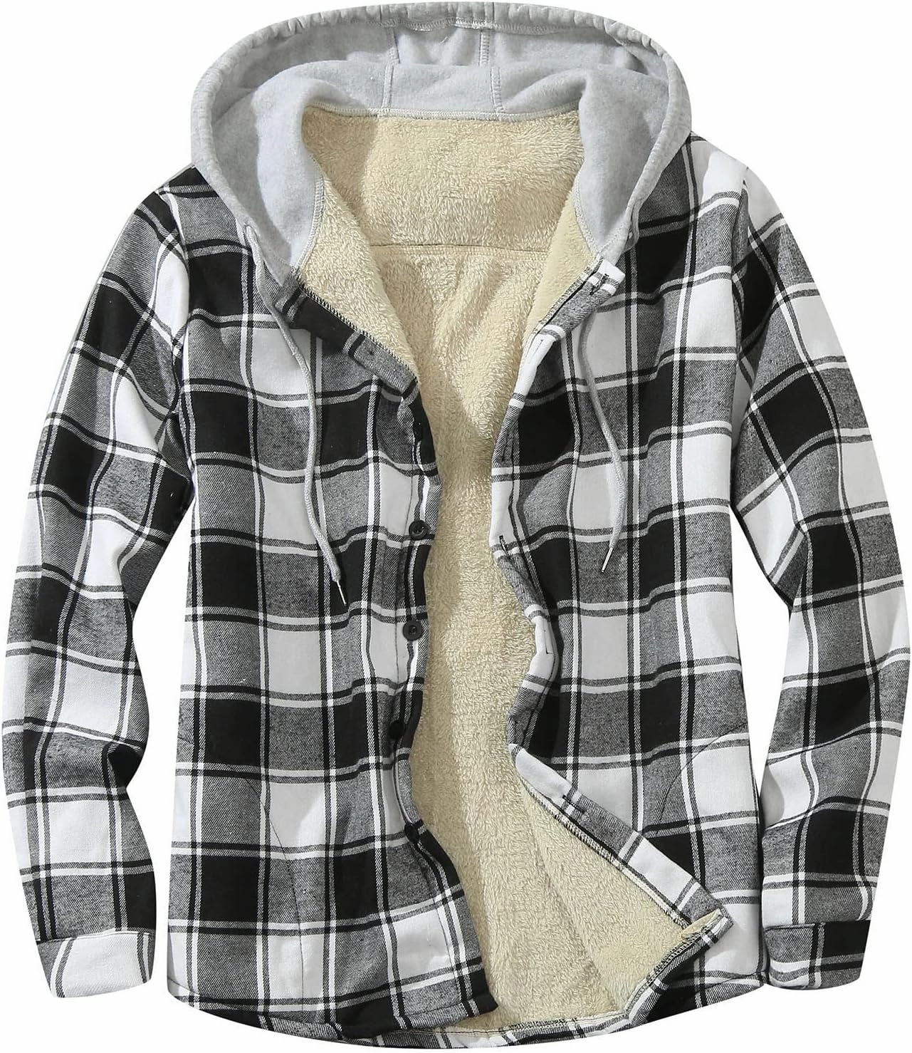 LCMTWX Men's Flannel Jackets Large Plaid Lapel Pocket Plus Velvet Coat Shirt Top Coat with Zipper with Hood for