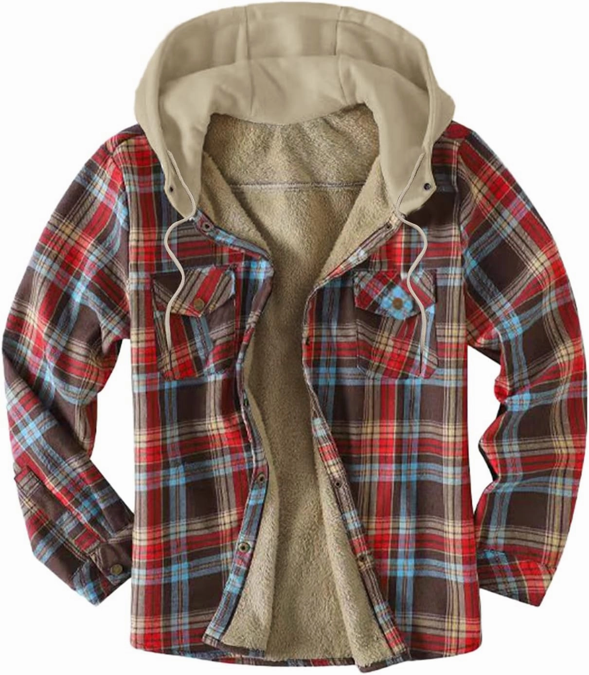 LCMTWX Men's Flannel Jackets Large Plaid Pocket Hooded Loose Coat Plus Velvet Shirt Long Sleeve Button Up Fleece Plaid