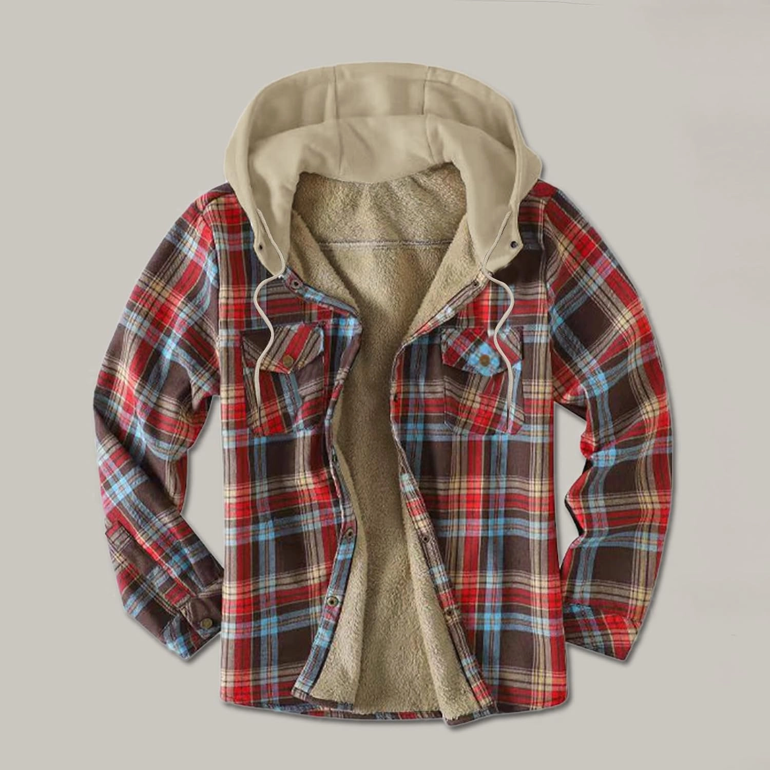 LCMTWX Men's Flannel Jackets Large Plaid Pocket Hooded Loose Coat Plus Velvet Shirt Long Sleeve Button Up Fleece Plaid