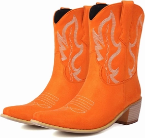 LEHOOR Cowboy Booties for Women Embroidered Western Ankle Booties Low Chunky Stacked Heel Square Toe Pull On Short Cowgirl Boot V Cut Suede Snip Toe Dressy Vintage Fall Booties Winter Retro 4-15 M US