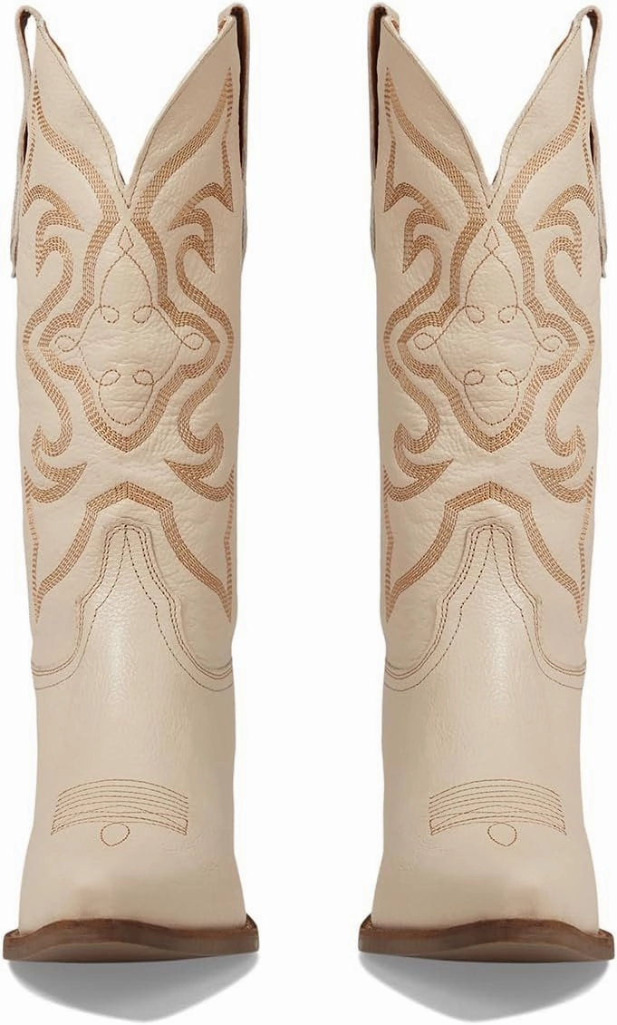 LEHOOR Cowboy Boots Women Embroidered Mid Calf Western Boots Stacked Low Heel Pointed Toe Pull On Cowgirl Boot 4-11 M US
