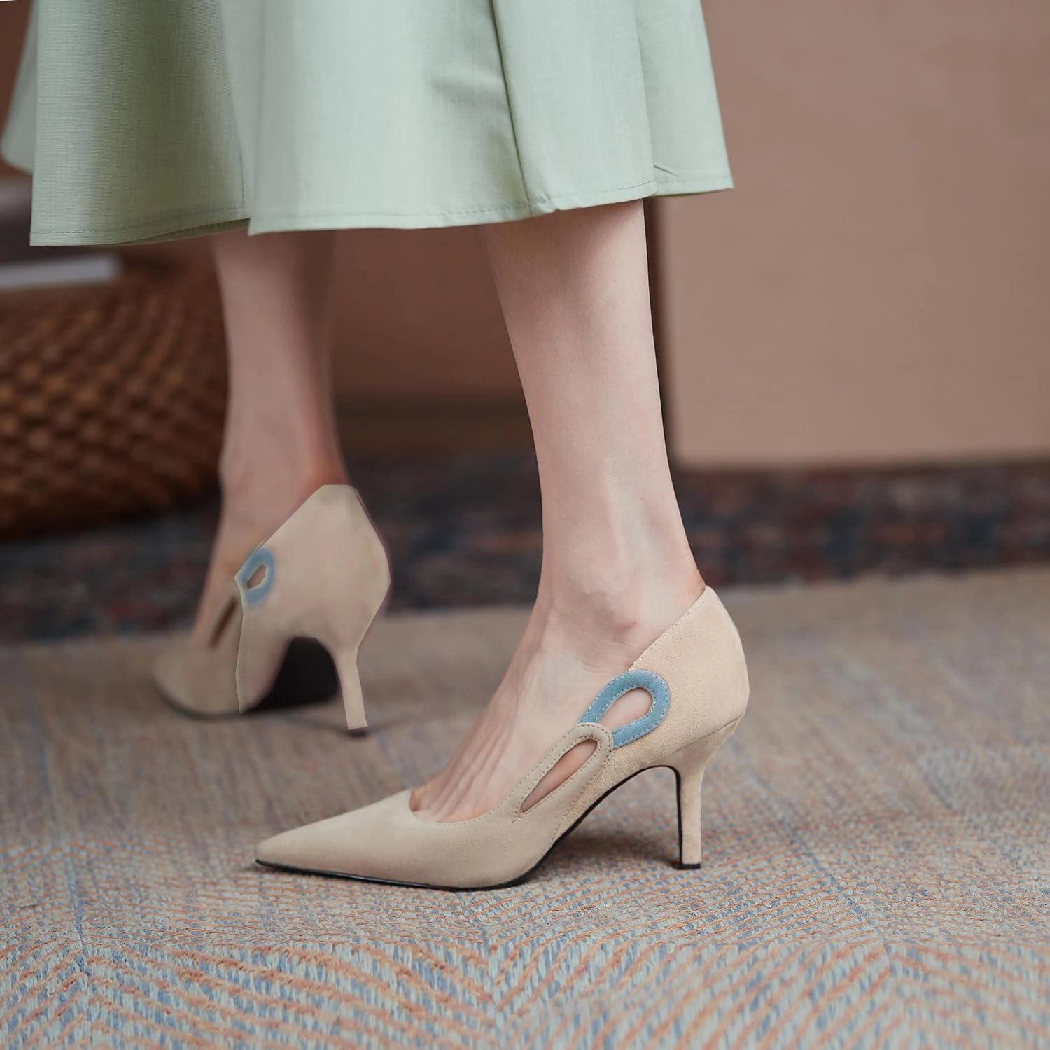 LEHOOR Women Kitten Heel Pumps Pointed Toe Suede Stilettos High Heel Dress Shoes Rainbow Slip On 2.5”Heels Cutout Sandals Multicolor Patchwork for Bridal Wedding Office Ladies Evening Party 4-11 M US