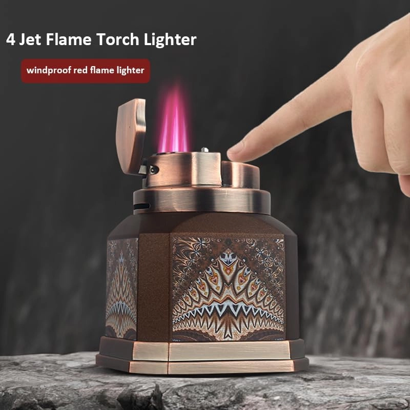 Lighters Cigar Lighter 4 Torch Jet Flame, Desktop Quad Flame Butane Lighter, Refillable and Adjustable Windproof Lighter Gift for Men Women (Black)