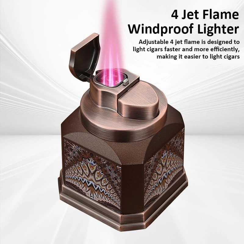 Lighters Cigar Lighter 4 Torch Jet Flame, Desktop Quad Flame Butane Lighter, Refillable and Adjustable Windproof Lighter Gift for Men Women (Black)