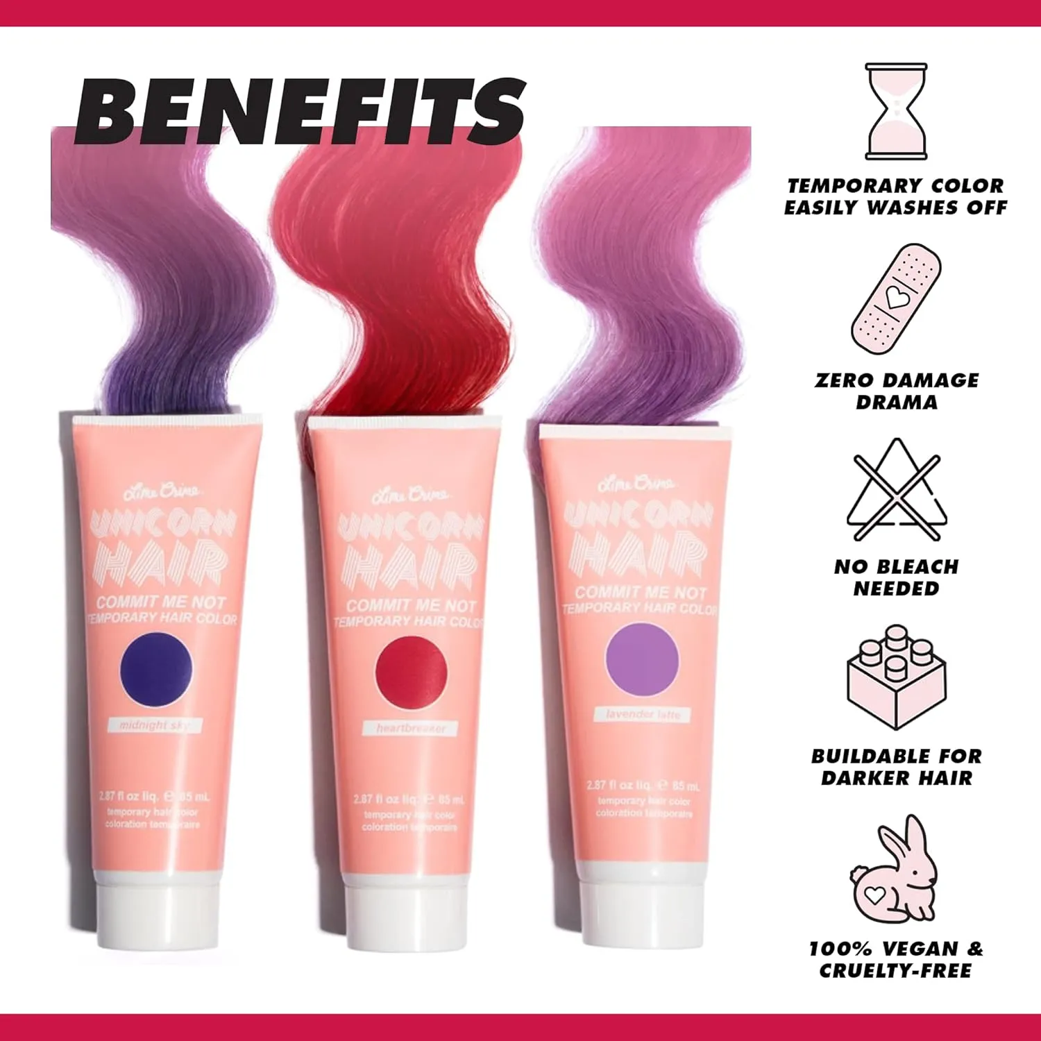 Lime Crime Temporary Hair Color, Heartbreaker - Damage-Free Semi-Permanent Hair Color Conditions & Moisturizes - Temporary Hair Tint Kit Has A Sugary Citrus Vanilla Scent - Vegan & Cruelty-Free