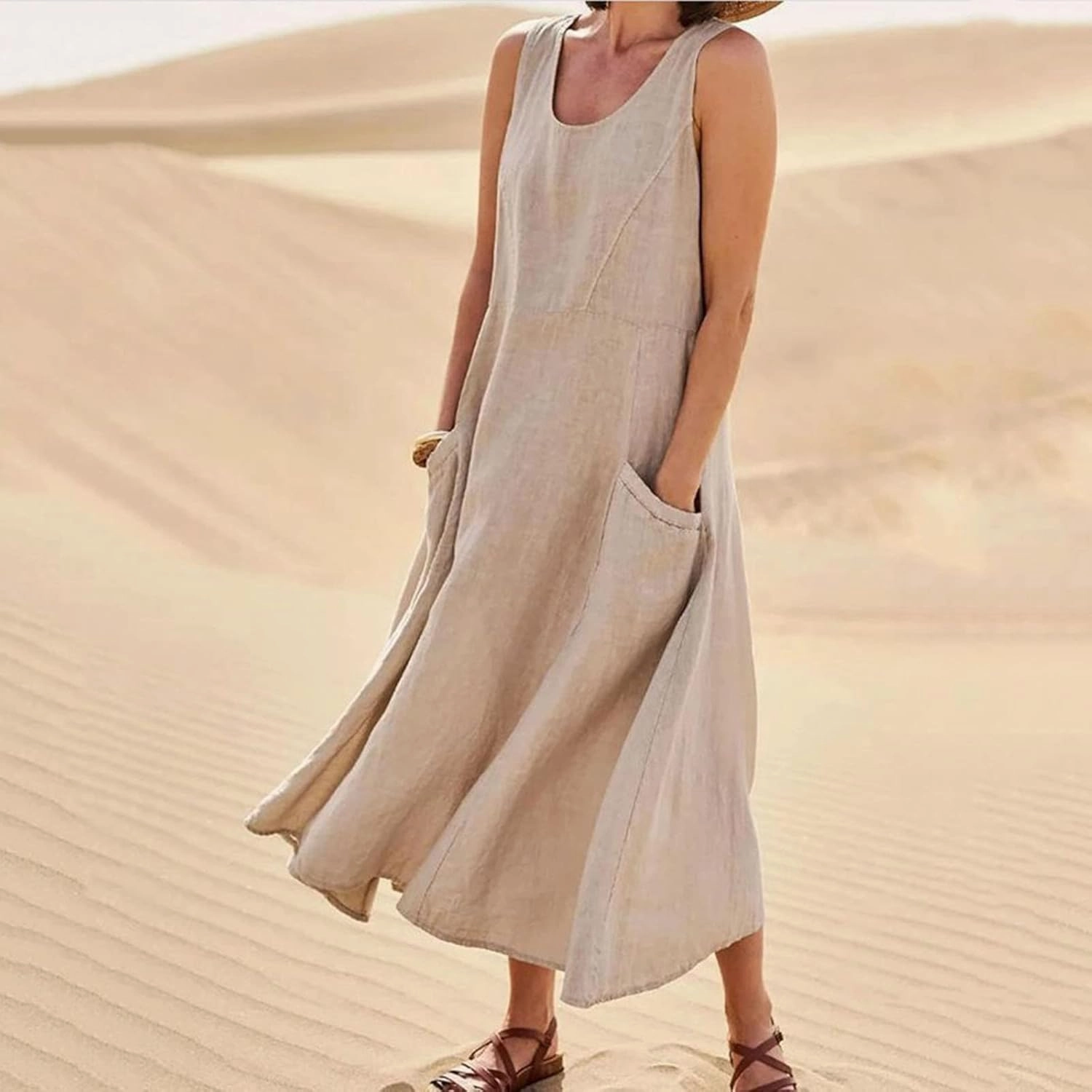 Linen Cotton Dresses for Women 2024 Sleeveless Solid Casual Baggy Flowy Lightweight Vacation Maxi Dress with Pockets
