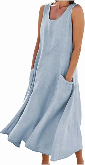 Linen Cotton Dresses for Women 2024 Sleeveless Solid Casual Baggy Flowy Lightweight Vacation Maxi Dress with Pockets