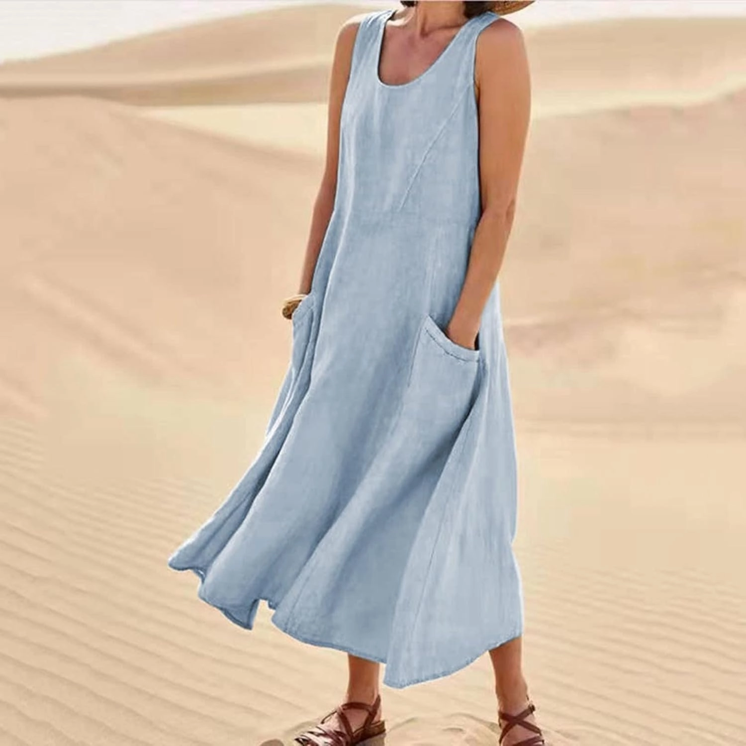Linen Cotton Dresses for Women 2024 Sleeveless Solid Casual Baggy Flowy Lightweight Vacation Maxi Dress with Pockets