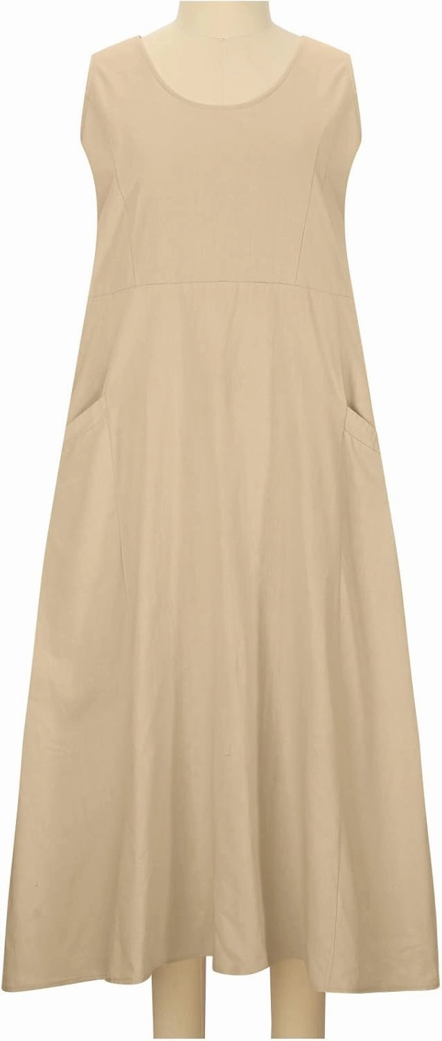 Linen Cotton Dresses for Women 2024 Sleeveless Solid Casual Baggy Flowy Lightweight Vacation Maxi Dress with Pockets