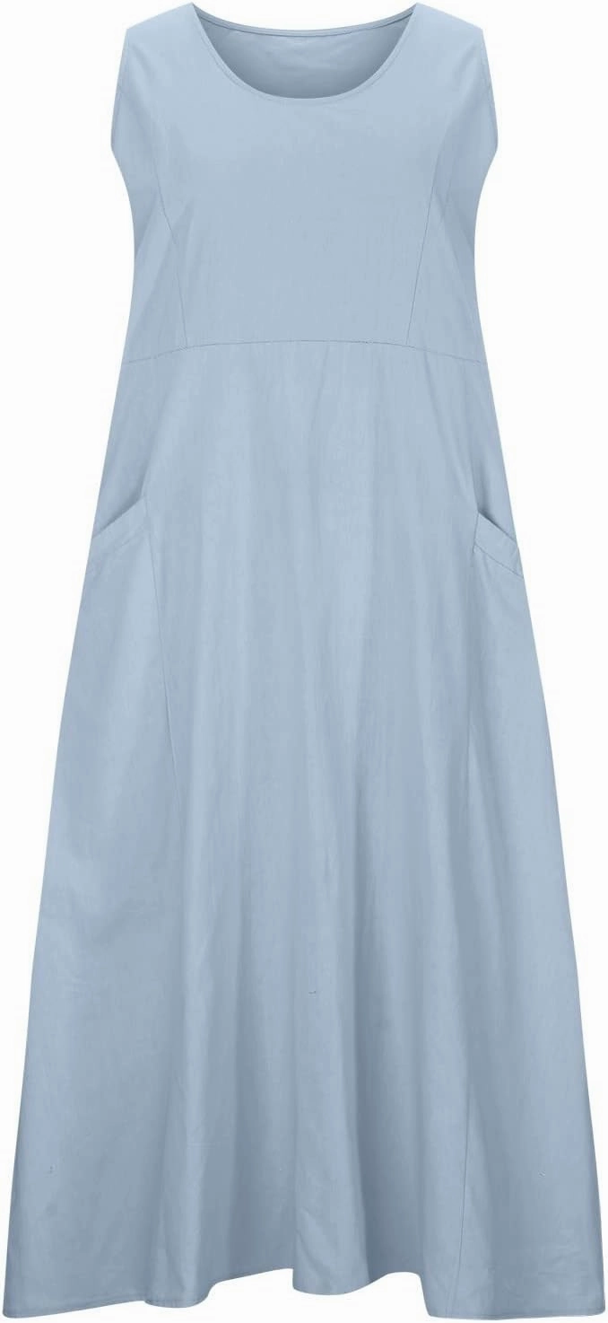 Linen Cotton Dresses for Women 2024 Sleeveless Solid Casual Baggy Flowy Lightweight Vacation Maxi Dress with Pockets