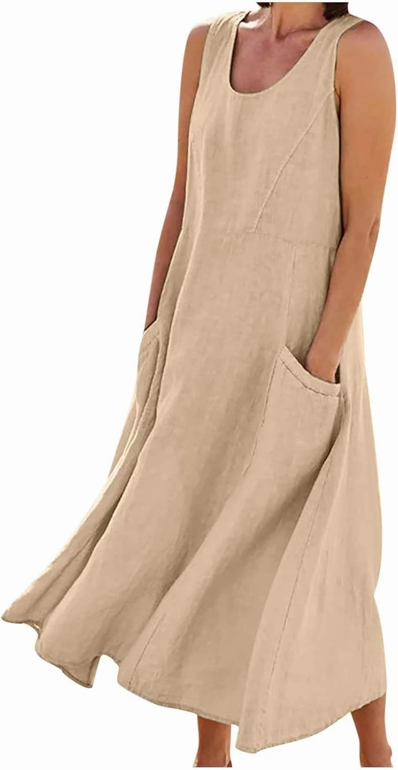 Linen Cotton Dresses for Women 2024 Sleeveless Solid Casual Baggy Flowy Lightweight Vacation Maxi Dress with Pockets