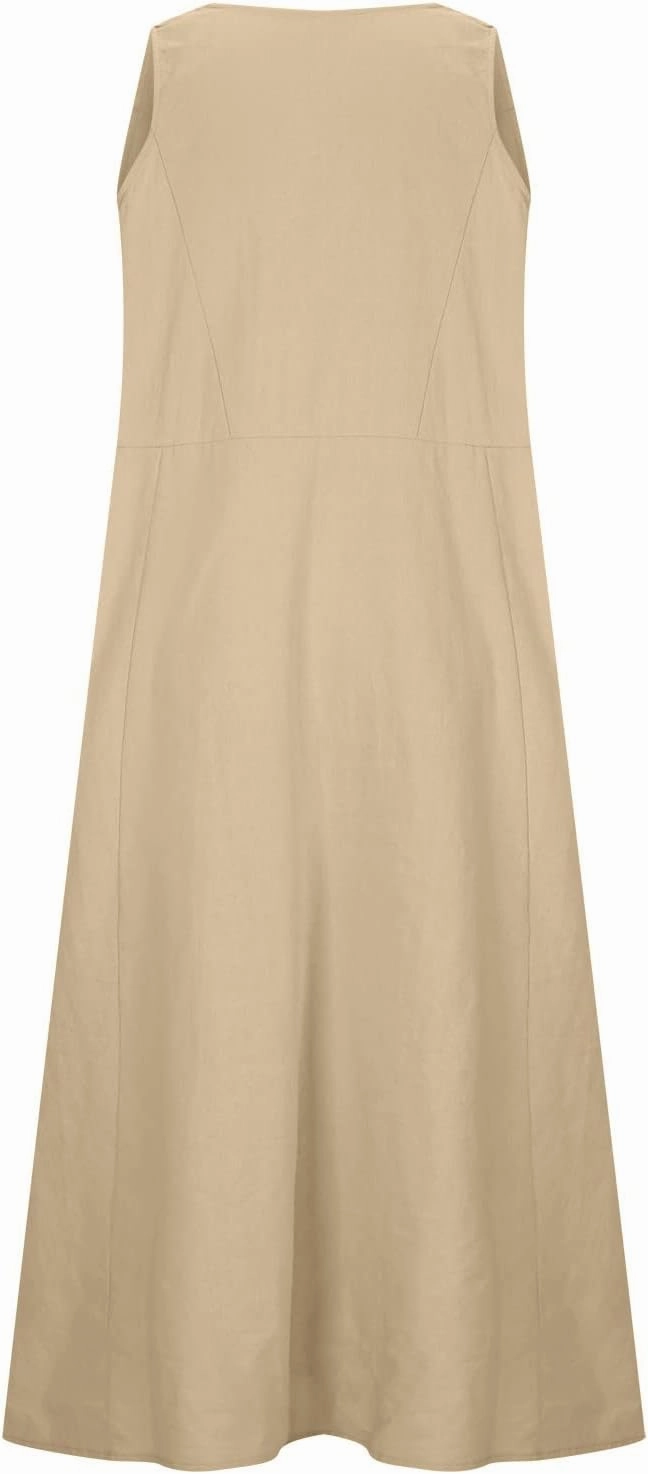 Linen Cotton Dresses for Women 2024 Sleeveless Solid Casual Baggy Flowy Lightweight Vacation Maxi Dress with Pockets