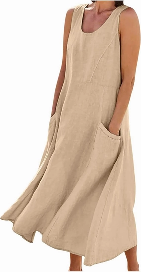 Linen Cotton Dresses for Women 2024 Sleeveless Solid Casual Baggy Flowy Lightweight Vacation Maxi Dress with Pockets