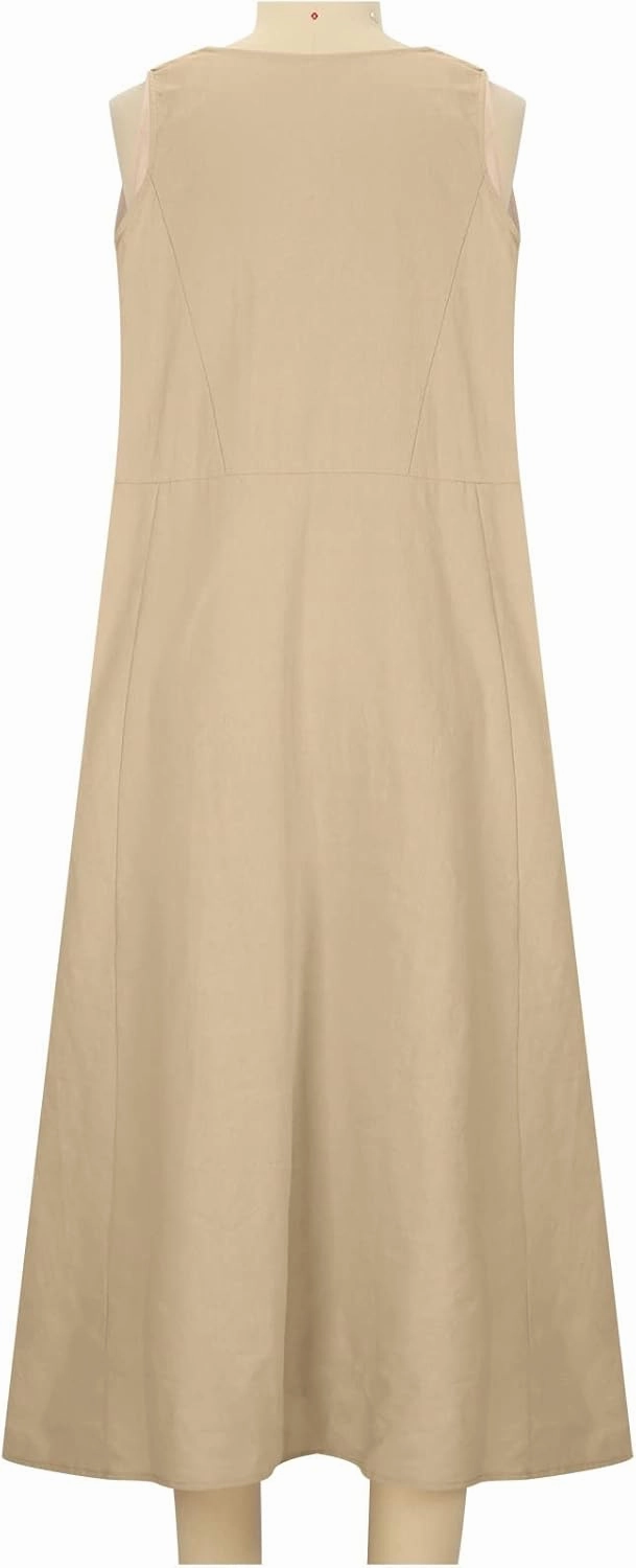 Linen Cotton Dresses for Women 2024 Sleeveless Solid Casual Baggy Flowy Lightweight Vacation Maxi Dress with Pockets