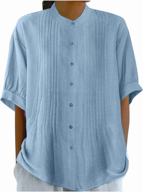 Linen Shirts for Women Casual Half Sleeve High Neck Blouses Casual Cotton Linen Lightweight Summer Boho Tops