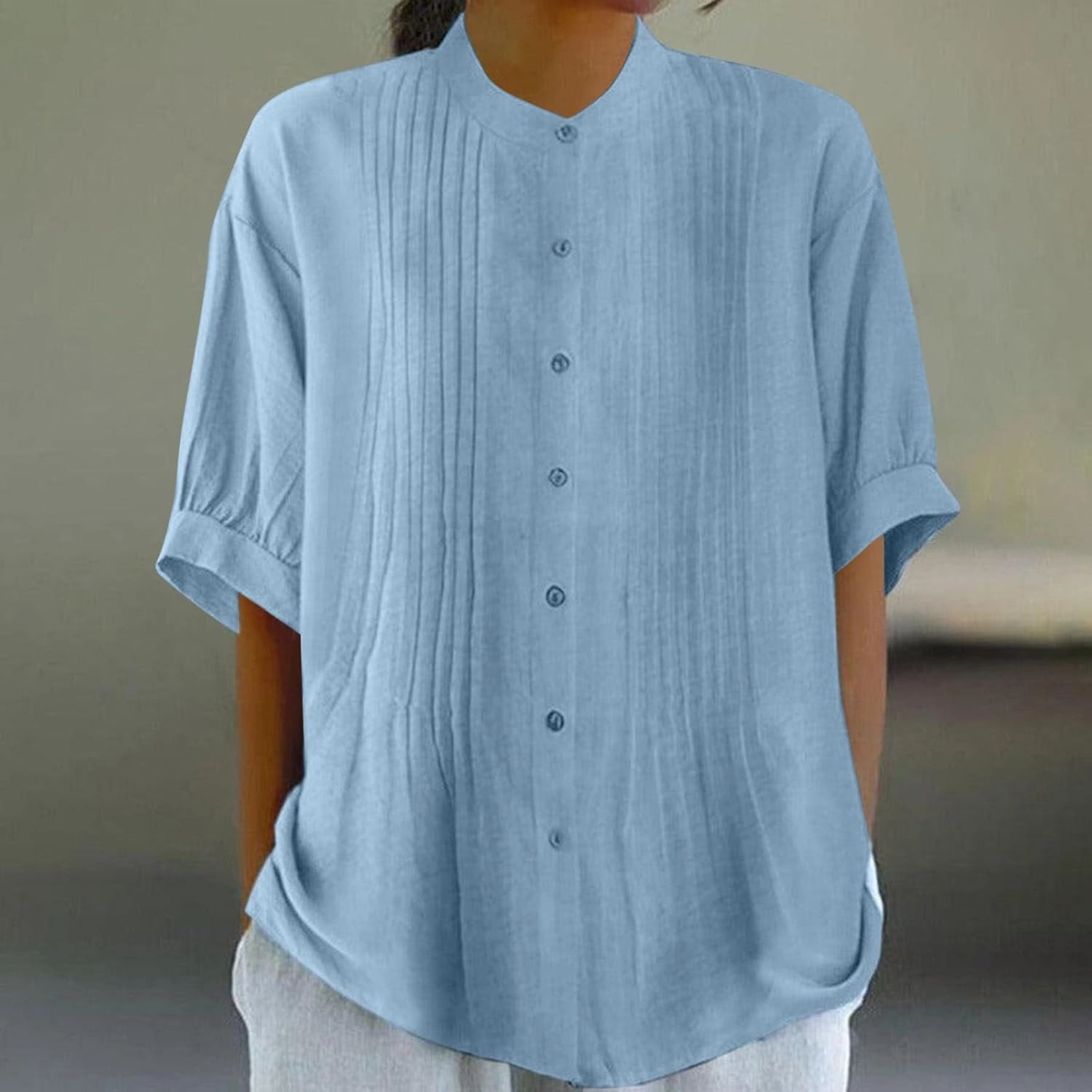 Linen Shirts for Women Casual Half Sleeve High Neck Blouses Casual Cotton Linen Lightweight Summer Boho Tops
