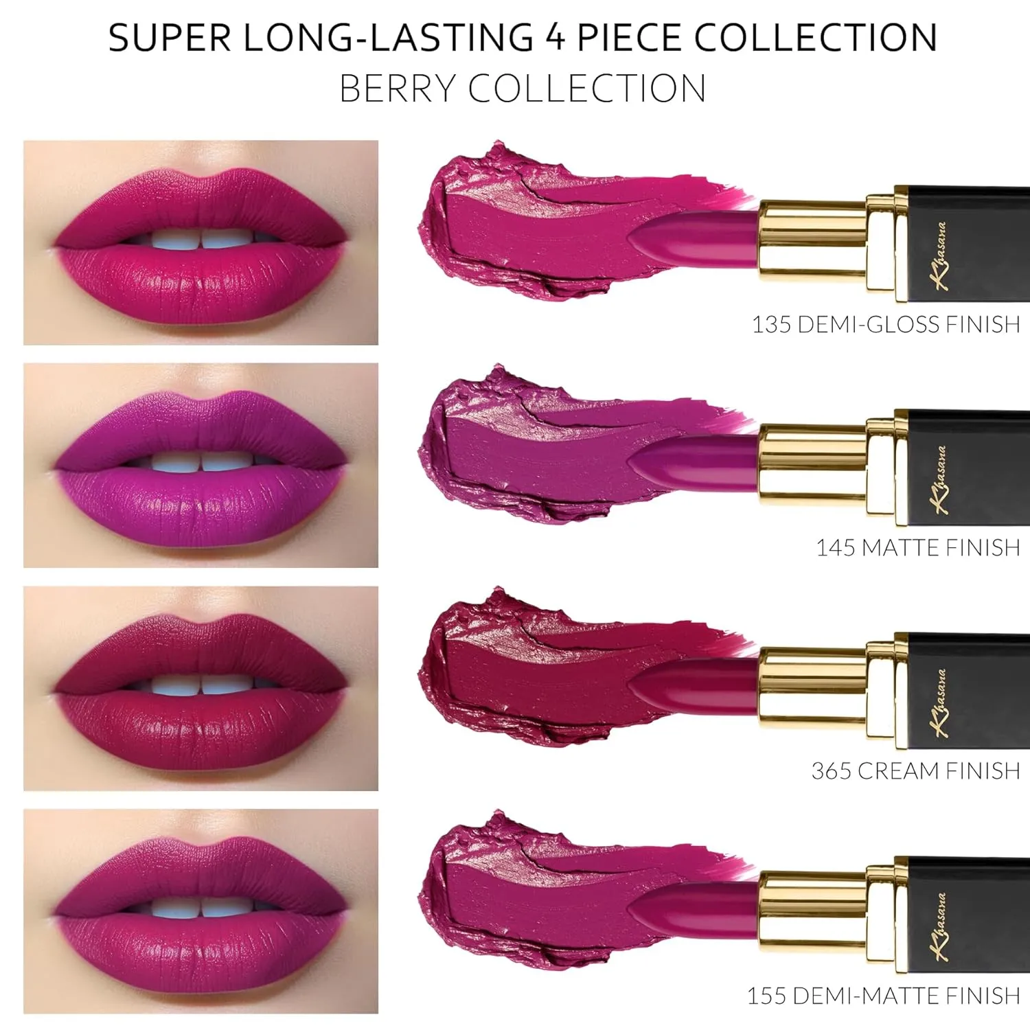Lipstick Set. Long Lasting Gift Set. Moisturizing Formula, Infused with Vitamin E and Vitamin C. Multi Finish Lip Makeup Cream Gloss & Matte. Pack of 4. Berry Collection
