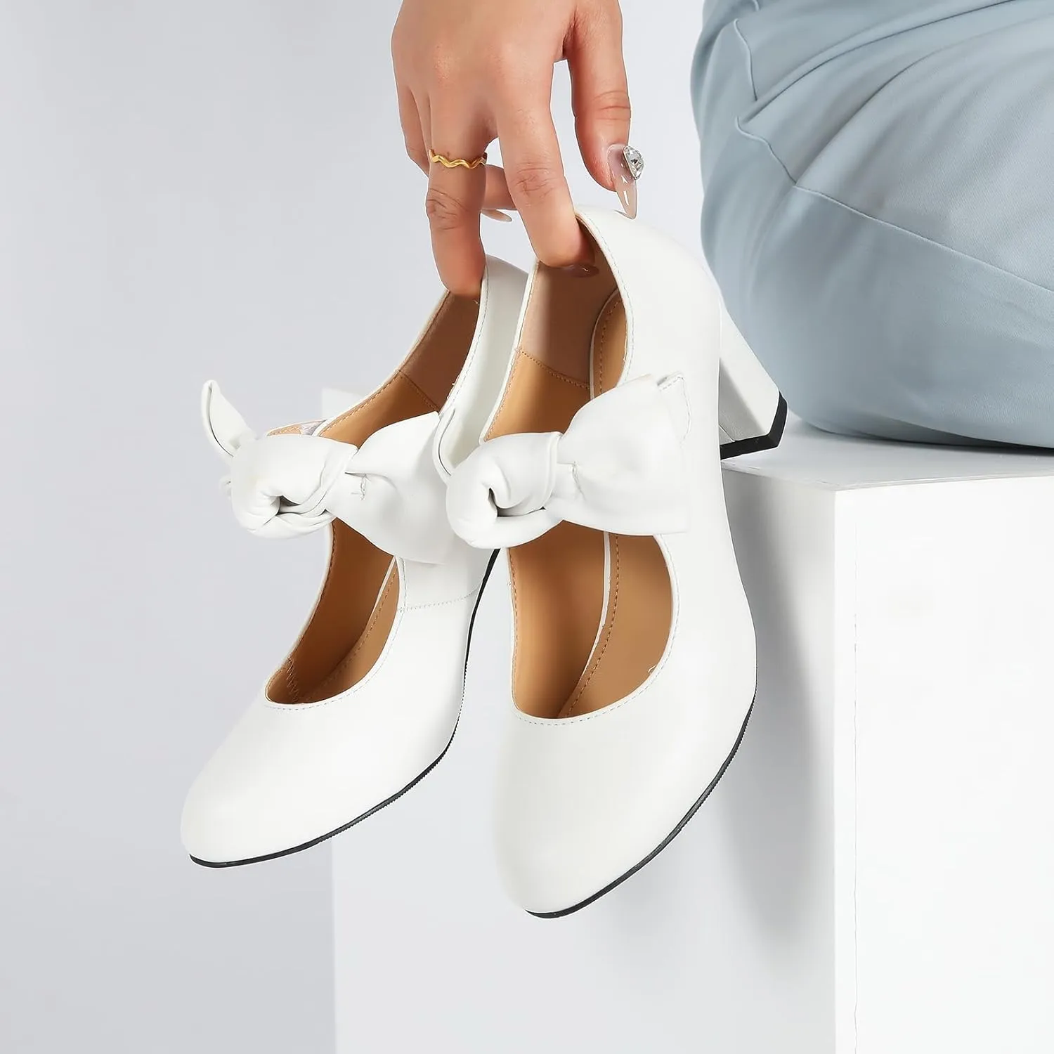 LIURUIJIA Women's Bow Mary Jane Low Block Heel Pumps Round Toe Ankle Strap Wedding Evening Party Dress Shoes