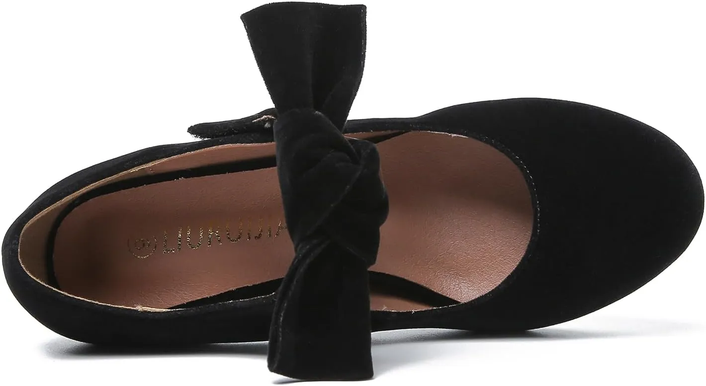 LIURUIJIA Women's Bow Mary Jane Low Block Heel Pumps Round Toe Ankle Strap Wedding Evening Party Dress Shoes