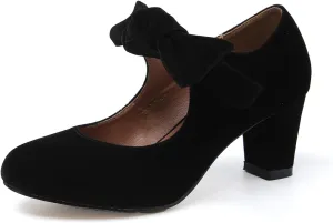 LIURUIJIA Women's Bow Mary Jane Low Block Heel Pumps Round Toe Ankle Strap Wedding Evening Party Dress Shoes