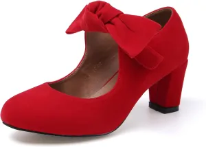 LIURUIJIA Women's Bow Mary Janes Block Chunky Low Heels Pumps Ankle Strap Dress Shoes Wedding Evening Party Red Suede US 10.5
