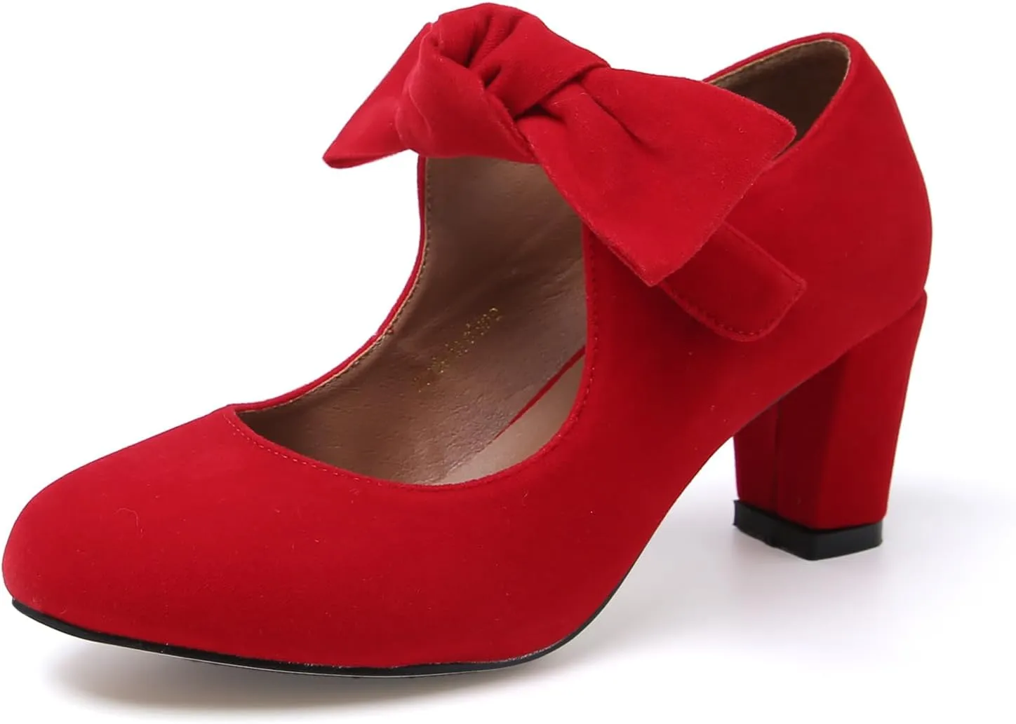 LIURUIJIA Women's Bow Mary Janes Block Chunky Low Heels Pumps Ankle Strap Dress Shoes Wedding Evening Party Red Suede US 9