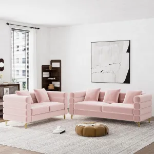 Living Room Sofa and Loveseat Set, Modern Comfy Overstuffed Velvet Deep Seat Cloud Couch with 5 Pillows, Oversized Chesterfield Furniture Sets for Living Room Bedroom, Pink Velvet