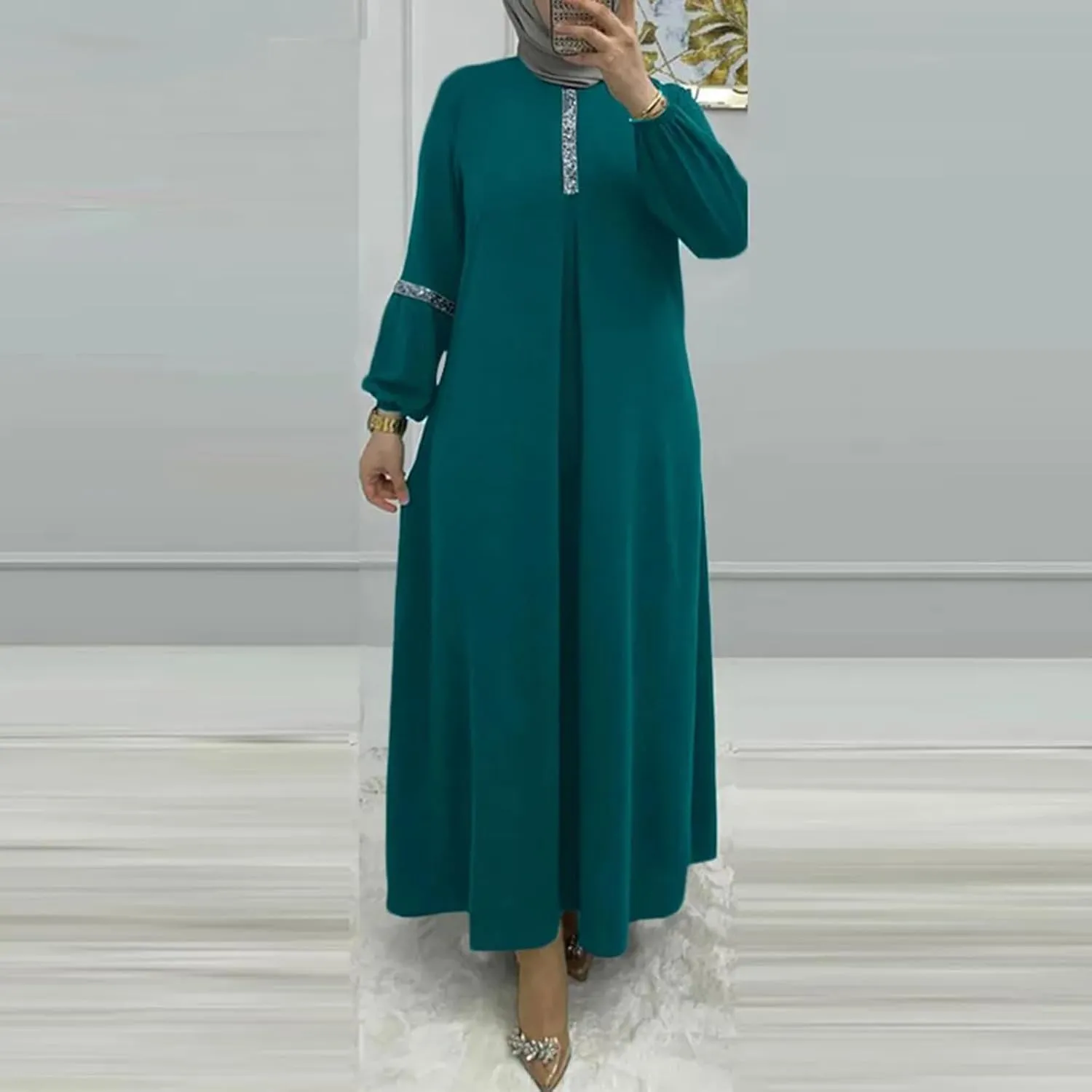 Lmdudan Muslim Women Abaya Dress Kaftan Islamic Maxi Dress Middle East Robe Long Sleeve Crewneck Solid Eid Prayer Clothes