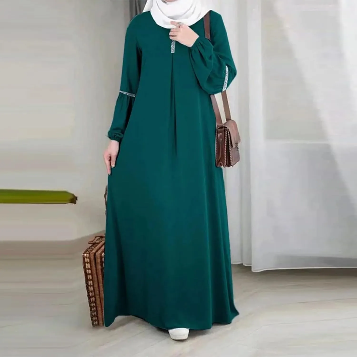 Lmdudan Muslim Women Abaya Dress Kaftan Islamic Maxi Dress Middle East Robe Long Sleeve Crewneck Solid Eid Prayer Clothes