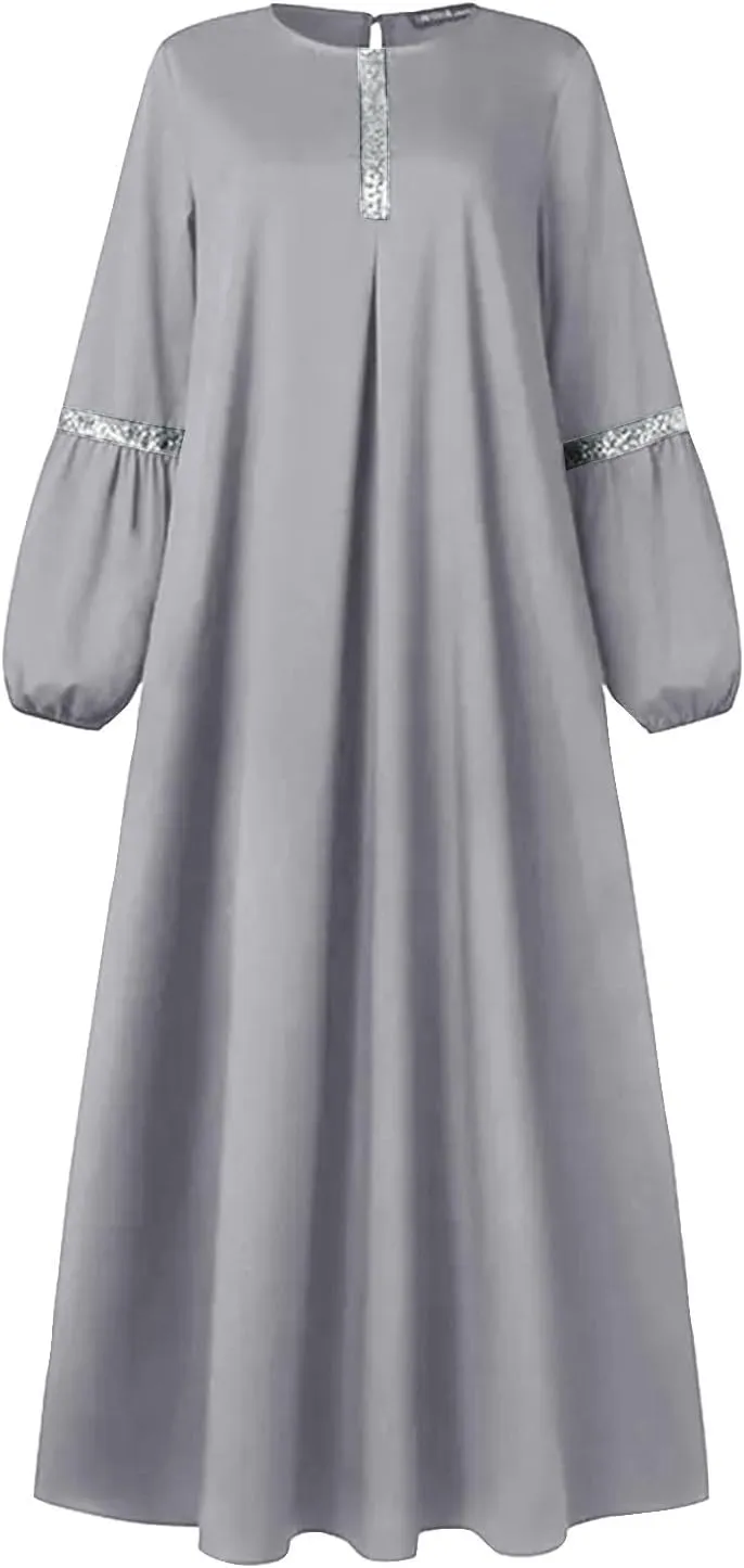 Lmdudan Muslim Women Abaya Dress Kaftan Islamic Maxi Dress Middle East Robe Long Sleeve Crewneck Solid Eid Prayer Clothes