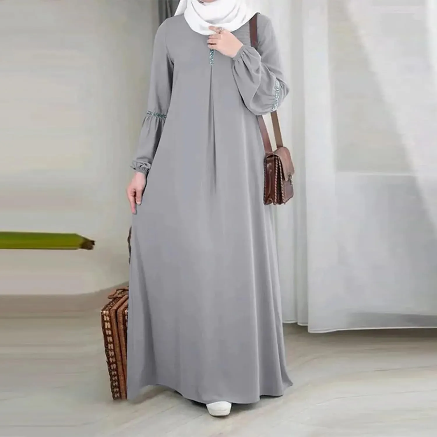 Lmdudan Muslim Women Abaya Dress Kaftan Islamic Maxi Dress Middle East Robe Long Sleeve Crewneck Solid Eid Prayer Clothes
