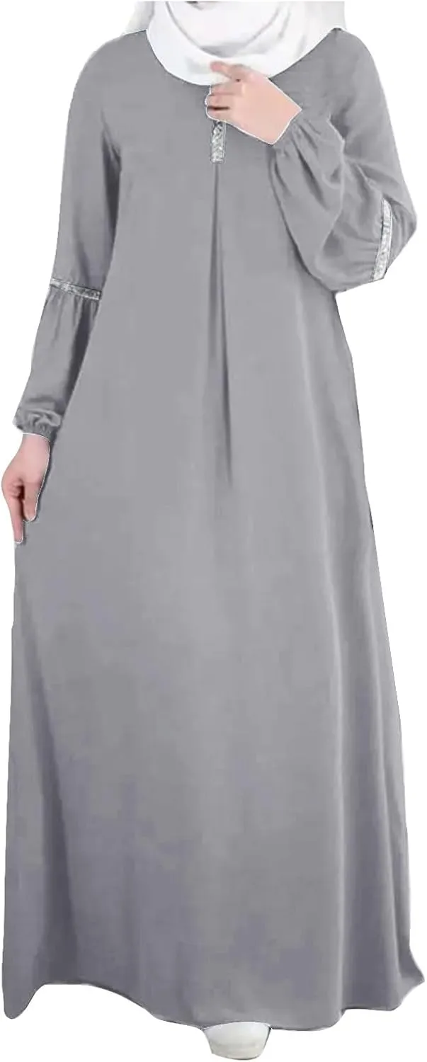 Lmdudan Muslim Women Abaya Dress Kaftan Islamic Maxi Dress Middle East Robe Long Sleeve Crewneck Solid Eid Prayer Clothes