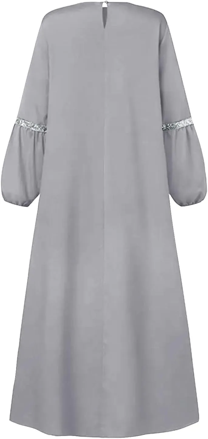 Lmdudan Muslim Women Abaya Dress Kaftan Islamic Maxi Dress Middle East Robe Long Sleeve Crewneck Solid Eid Prayer Clothes
