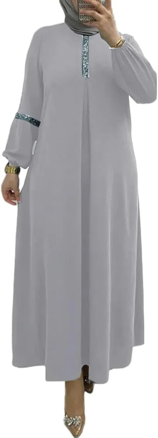 Lmdudan Muslim Women Abaya Dress Kaftan Islamic Maxi Dress Middle East Robe Long Sleeve Crewneck Solid Eid Prayer Clothes