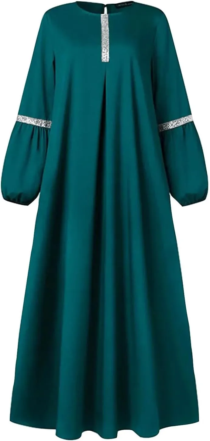Lmdudan Muslim Women Abaya Dress Kaftan Islamic Maxi Dress Middle East Robe Long Sleeve Crewneck Solid Eid Prayer Clothes