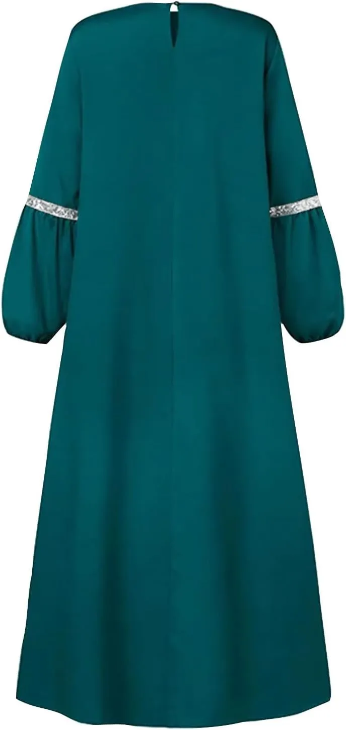 Lmdudan Muslim Women Abaya Dress Kaftan Islamic Maxi Dress Middle East Robe Long Sleeve Crewneck Solid Eid Prayer Clothes
