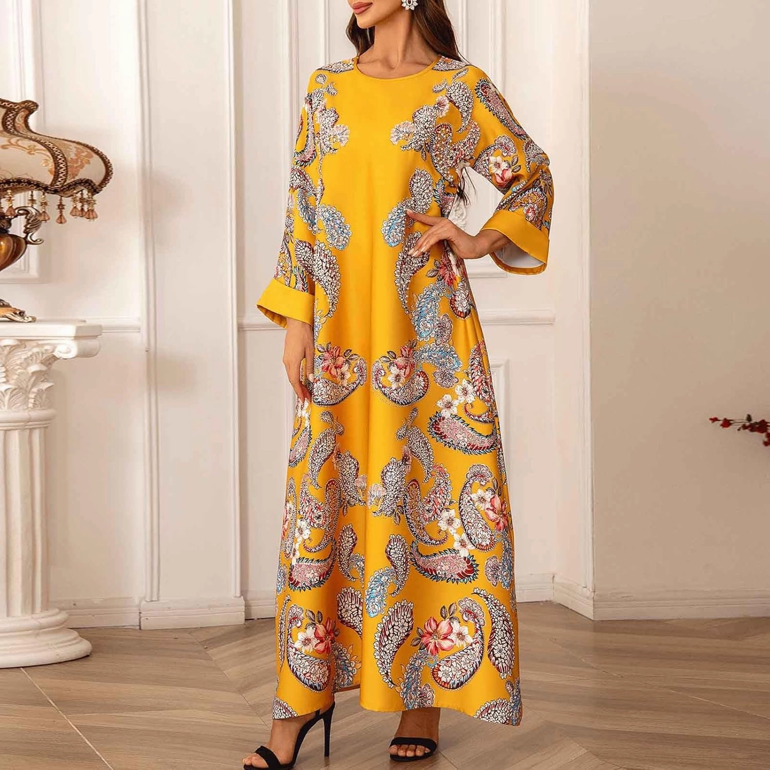 Lmdudan Women's Muslim Kaftan Islamic Abaya Prayer Dress Long Sleeve V Neck Self Tie Flowy Dresses Middle East Arabian Robe
