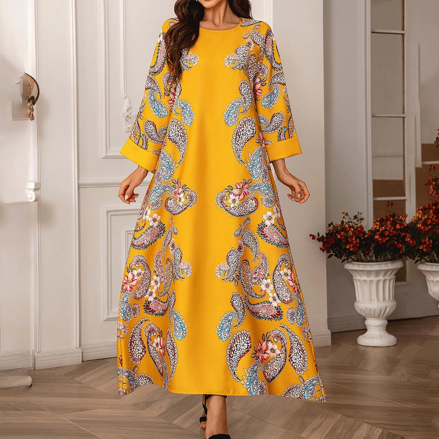 Lmdudan Women's Muslim Kaftan Islamic Abaya Prayer Dress Long Sleeve V Neck Self Tie Flowy Dresses Middle East Arabian Robe