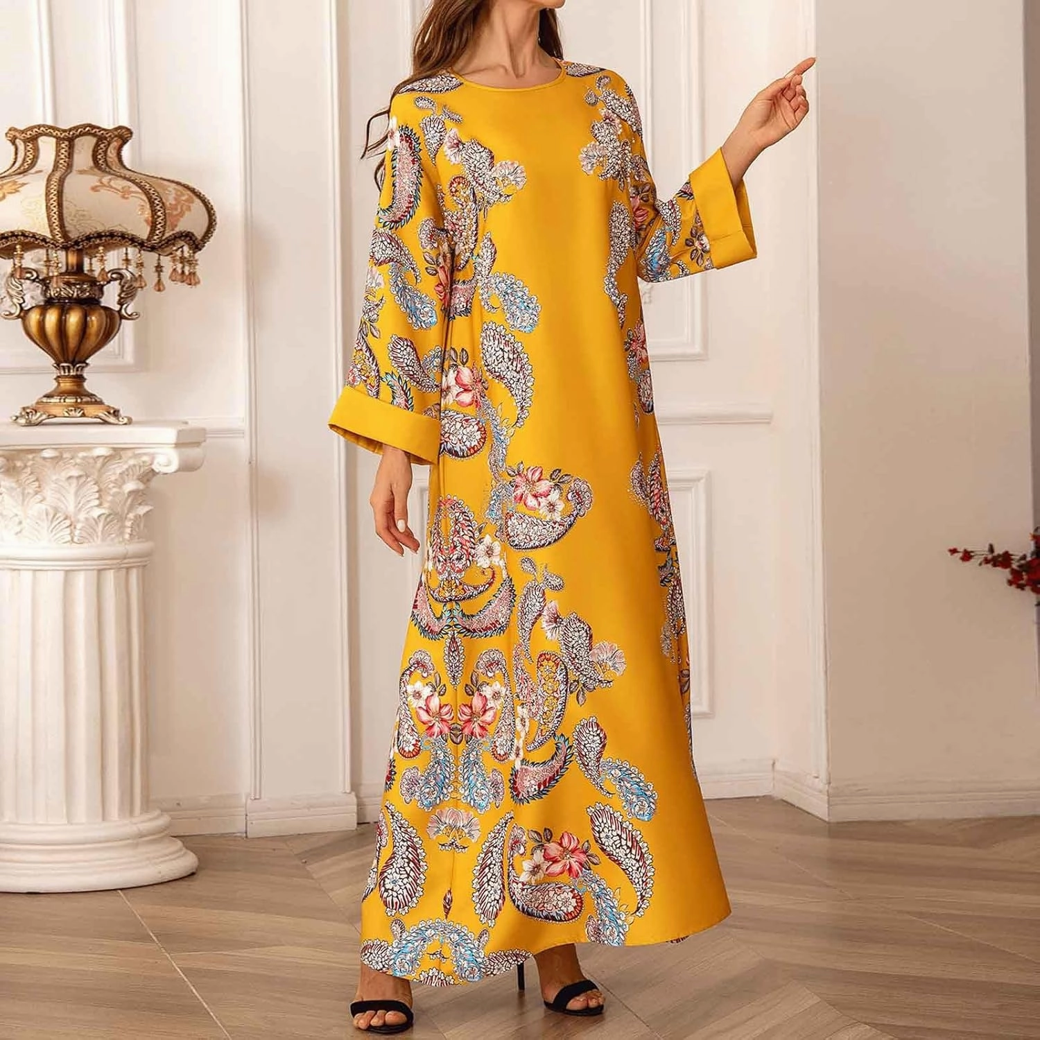 Lmdudan Women's Muslim Kaftan Islamic Abaya Prayer Dress Long Sleeve V Neck Self Tie Flowy Dresses Middle East Arabian Robe