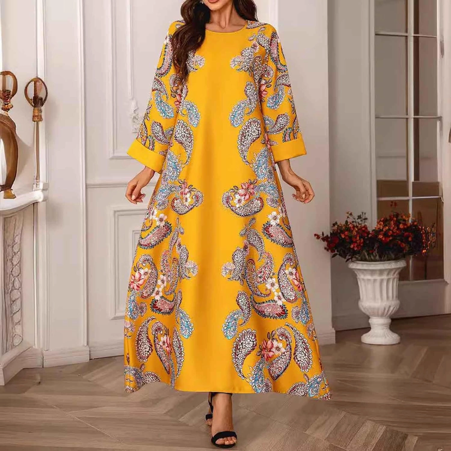 Lmdudan Women's Muslim Kaftan Islamic Abaya Prayer Dress Long Sleeve V Neck Self Tie Flowy Dresses Middle East Arabian Robe