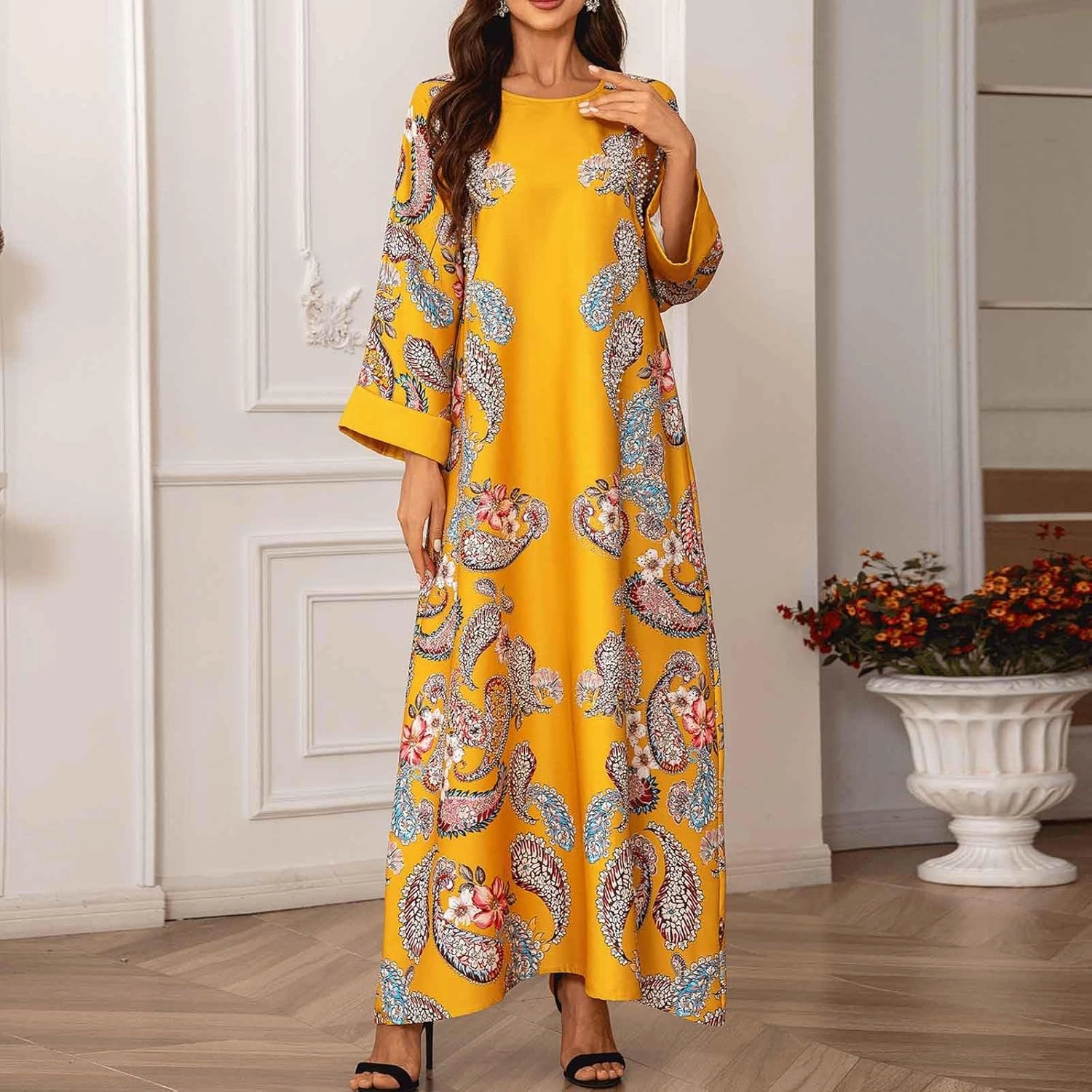 Lmdudan Women's Muslim Kaftan Islamic Abaya Prayer Dress Long Sleeve V Neck Self Tie Flowy Dresses Middle East Arabian Robe