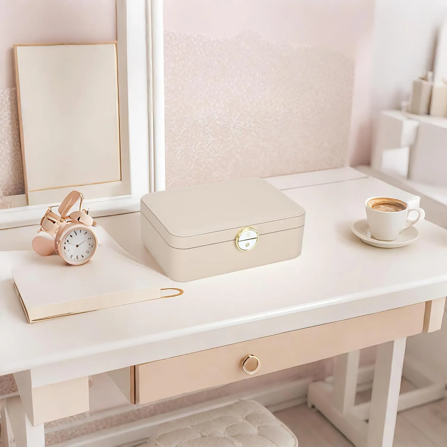 Lockable jewelry box, double-layer jewelry storage box, jewelry storage， large jewelry boxes.jewelry organizer, modern style. (Pink)