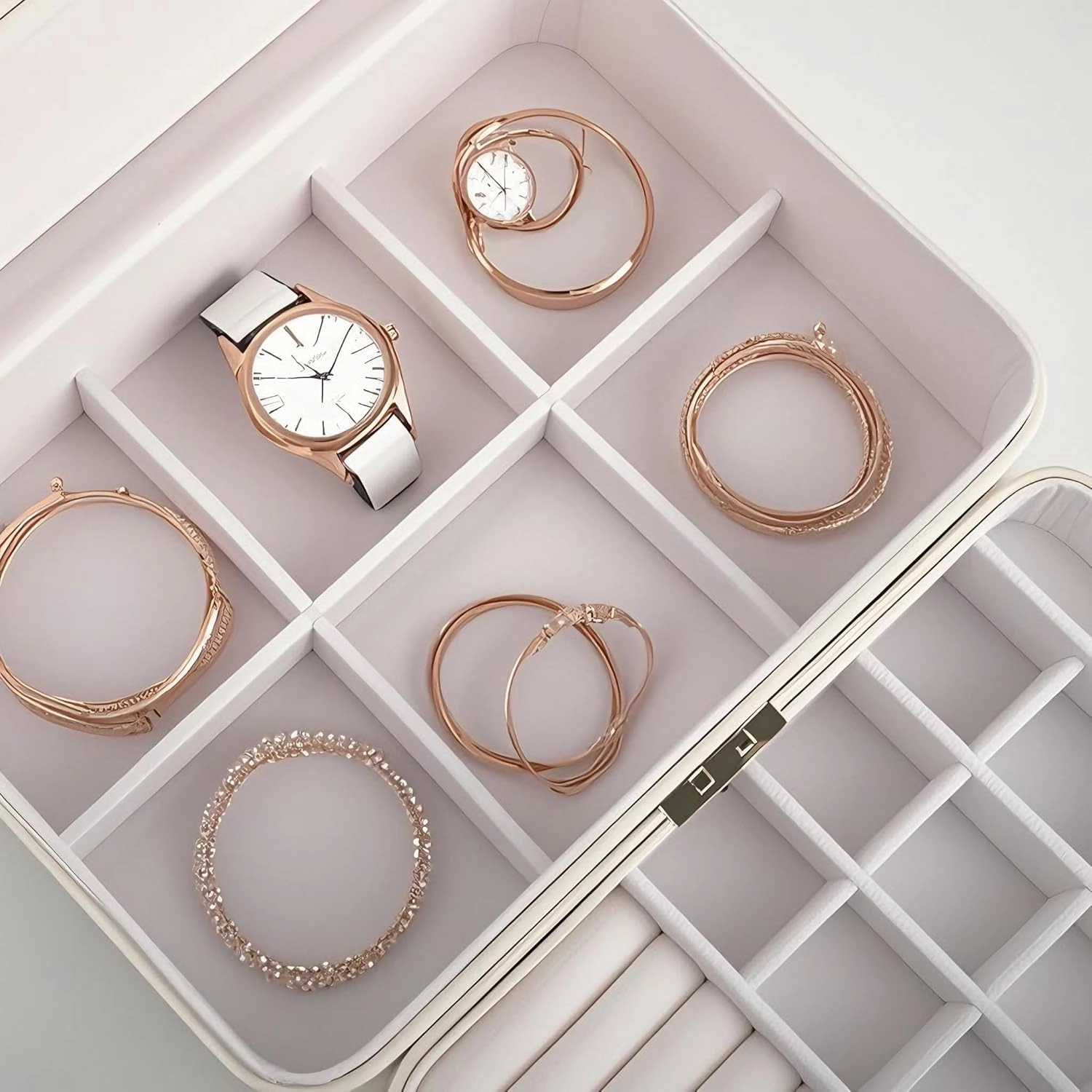 Lockable jewelry box, double-layer jewelry storage box, jewelry storage，Store large and small jewelry hair accessories, modern style. (Rose Red)
