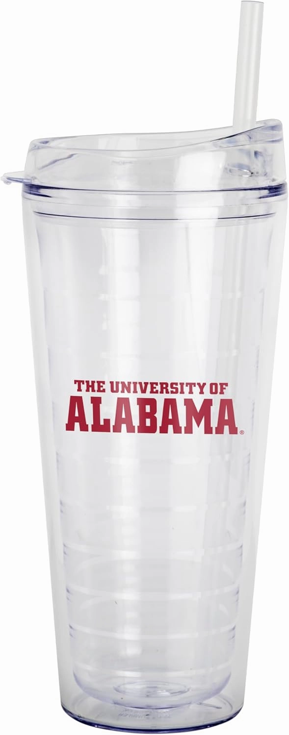 Logo Brands NCAA Alabama Crimson Tide 22 oz Double Wall Clear Tumbler – Includes Straw, Fits Most Cup Holders, Made In The USA, Spill-Resistant Lid, BPA Free
