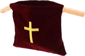 LOGOFUN Large Church Offering Bag Embroidered Cross Communion Supplies Velvet Pouch for Baptism Christening Decorations Worship Essentials - Red