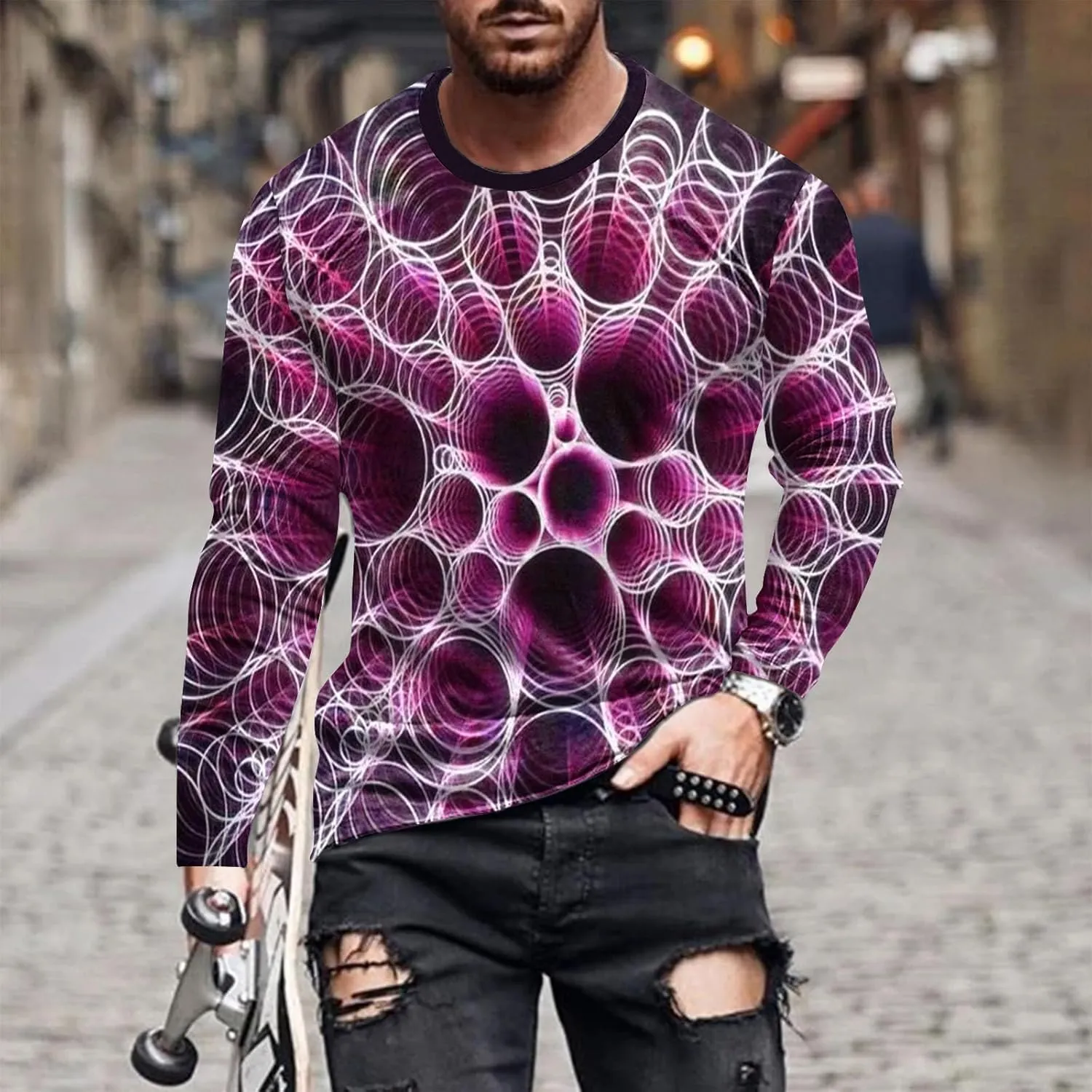 Long Sleeve Shirts for Men Funny 3D Print Graphic Tee Shirts Big and Tall Workout Tee Tops Casual Crewneck Sweatshirt